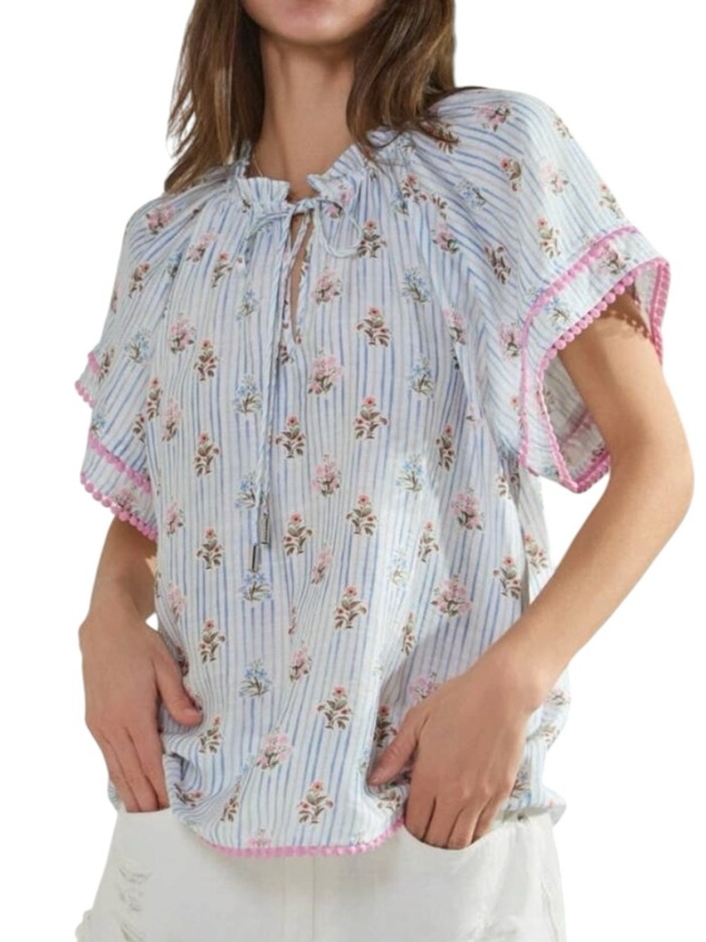 NWT Oddi Garden Party Stripe & Flower Printed Short Sleeve Blouse Small